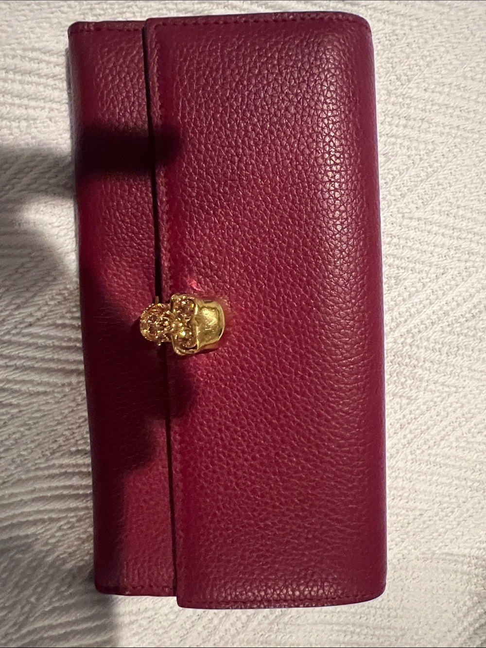 Alexander McQueen Wine Red Leather Key & Card Holder with Gold Skull